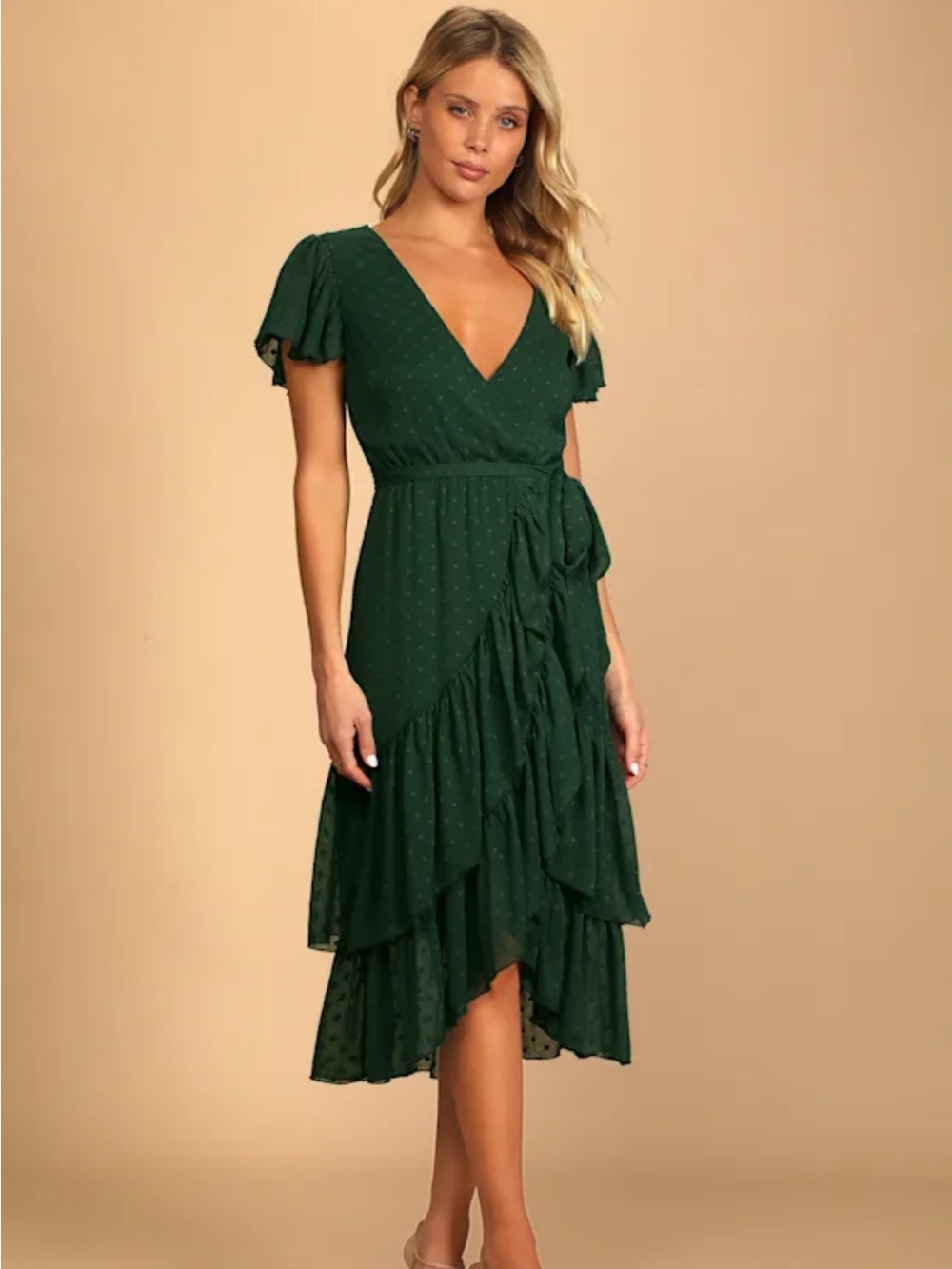 Lulu's Have Harmony Dark Green Swiss Dot Ruffled Faux Wrap Midi Dress 💃🏻